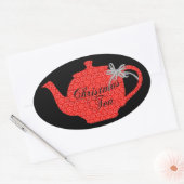 Rode Kant Kerst Theepot Tea Party Ovale Sticker (Envelop)