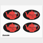 Rode Kant Kerst Theepot Tea Party Ovale Sticker (Vel)