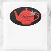 Rode Kant Kerst Theepot Tea Party Ovale Sticker (Tas)