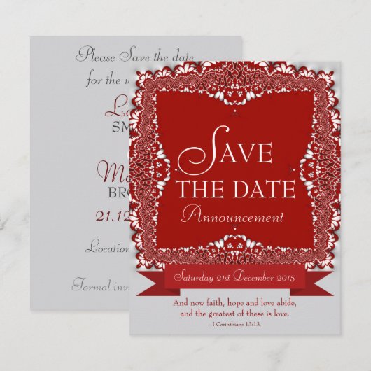 Rode kantelwerk uitnodiging voor trouwdatum (Voorkant / Achterkant)