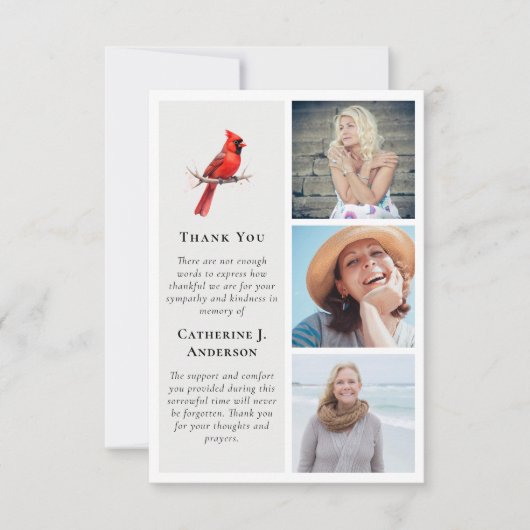 Rode Kardinaal Bird 3 Foto Sympathy Begrafenis Bedankkaart (Voorkant)