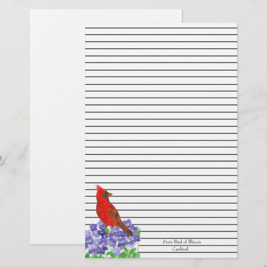 Rode Kardinaal Bird Black Lined Briefpapier (Voorkant / Achterkant)