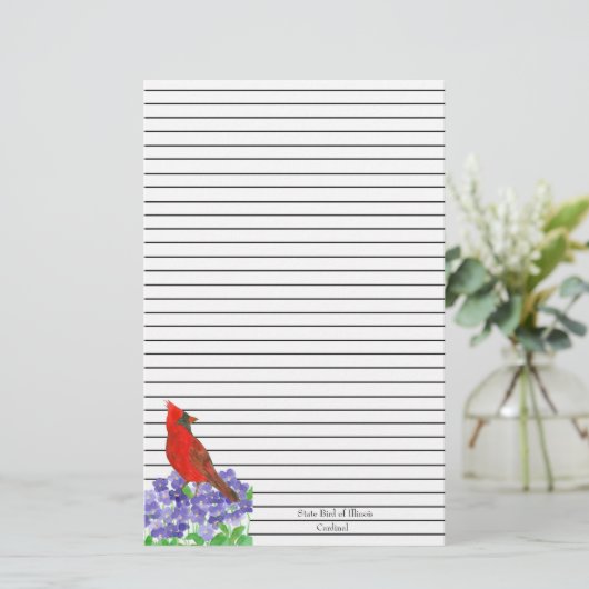 Rode Kardinaal Bird Black Lined Briefpapier (Staand voorkant)