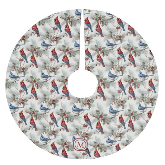 Rode Kardinaal Blauwe Jay Monogram Kerstboom Rok (Voorkant)
