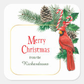 Rode Kardinaal Dennenappel Boeket Kerstmis Vierkante Sticker (Voorkant)