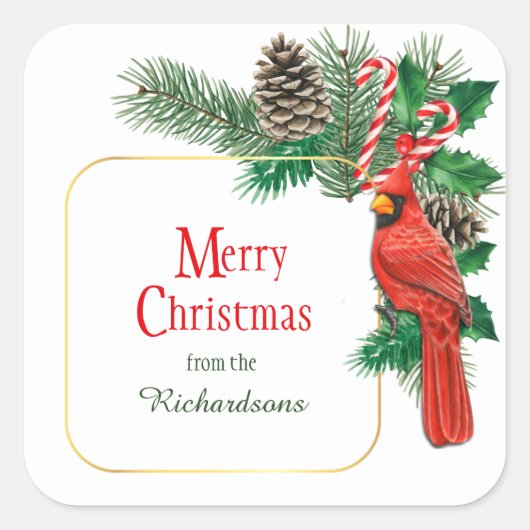 Rode Kardinaal Dennenappel Boeket Kerstmis Vierkante Sticker (Voorkant)