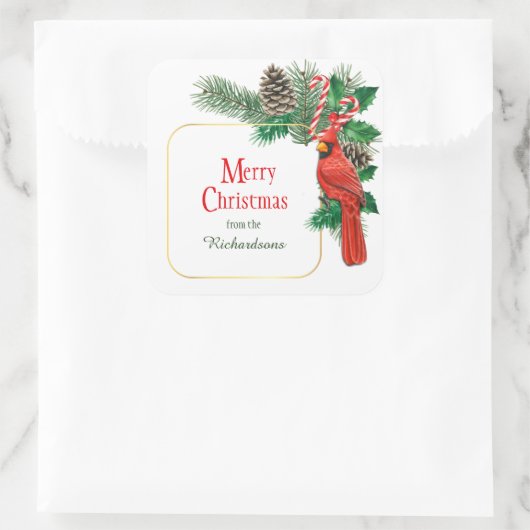 Rode Kardinaal Dennenappel Boeket Kerstmis Vierkante Sticker (Tas)