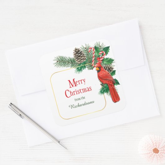 Rode Kardinaal Dennenkegel Boeket Kerstmis Vierkante Sticker (Envelop)