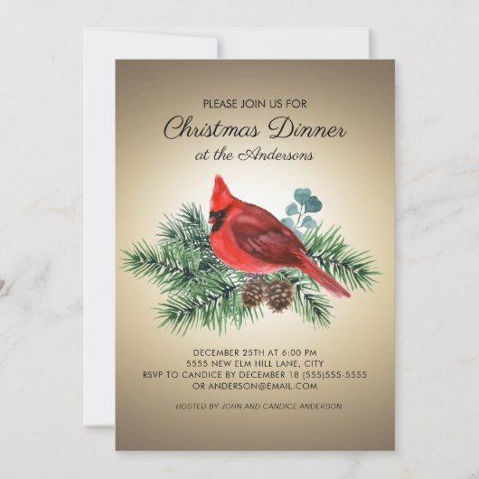 Rode Kardinaal Dennentakken Kerst Diner Kaart (Voorkant)