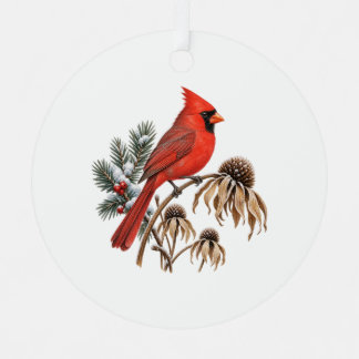 Rode Kardinaal en Besneeuwde Zaadhoofden Metalen Ornament