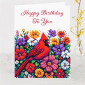 Rode Kardinaal en Bloemen Gepersonaliseerde Verjaa Kaart (Gele Bloem)