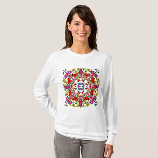 Rode kardinaal en kleurrijke bloemen Mandala T-shirt (Voorkant volledig)