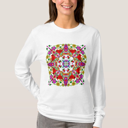 Rode kardinaal en kleurrijke bloemen Mandala T-shirt (Voorkant)