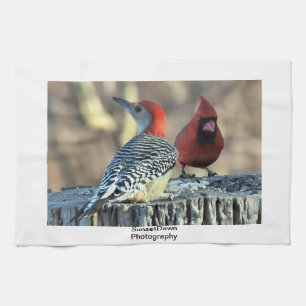 Rode kardinaal en Rode Bellied Woodpecker Theedoek