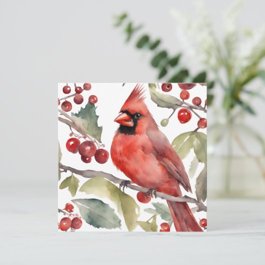 Rode Kardinaal en Wilde Bessen Kerstmis Feestdagenkaart (Staand voorkant)