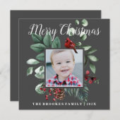 Rode kardinaal Floral Merry-kerstfotokaart (Voorkant / Achterkant)