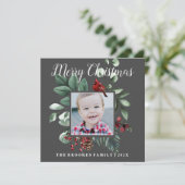 Rode kardinaal Floral Merry-kerstfotokaart (Staand voorkant)