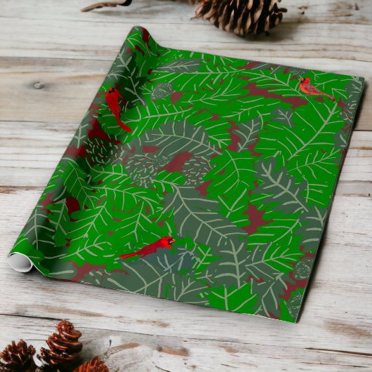 Rode Kardinaal Groene Bladen Bruine Pine Kegels Ei Cadeaupapier