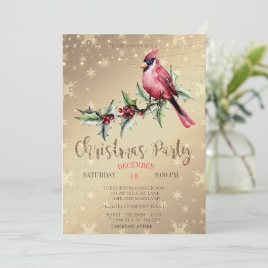 Rode Kardinaal Hulstbes Gouden Kerstmis  Kaart (Staand voorkant)