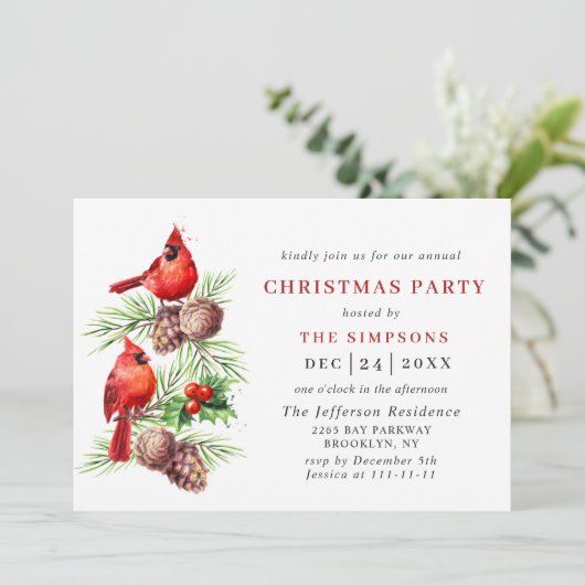 Rode Kardinaal Hulstbes Kerstvakantie KERSTPARTY Kaart (Staand voorkant)