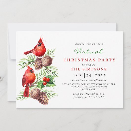 Rode Kardinaal Hulstbes VIRTUAL Kerstfeest Kaart (Voorkant)