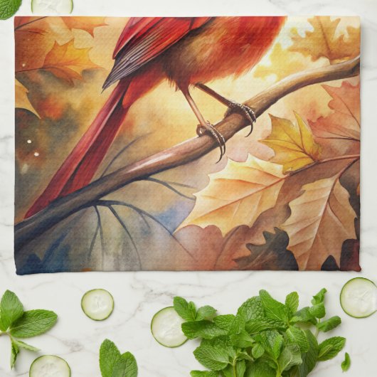 Rode kardinaal in de Herfst Theedoek (Gevouwen)