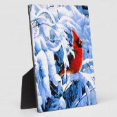 Rode kardinaal in de wintersneeuw fotoplaat (Zijkant)