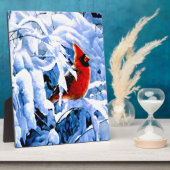 Rode kardinaal in de wintersneeuw fotoplaat (Zijkant)