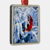 Rode kardinaal in de wintersneeuw metalen ornament (Rechts)