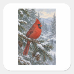 Rode Kardinaal in een Besneeuwd Boslandschap Vierkante Sticker