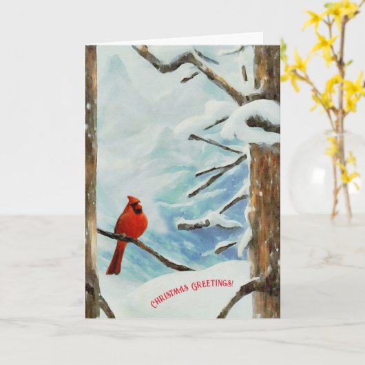Rode kardinaal in Sneeuwbomen kerstavond Kaart (Gele Bloem)