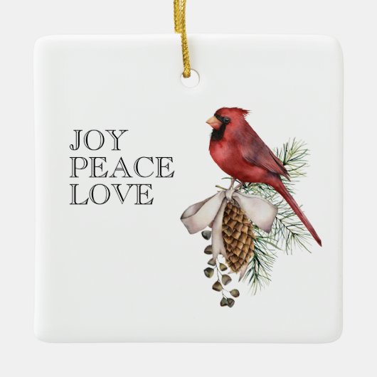 Rode kardinaal, JOY PEACE LOVE Editable Kerstmis Keramisch Ornament (Voorkant)