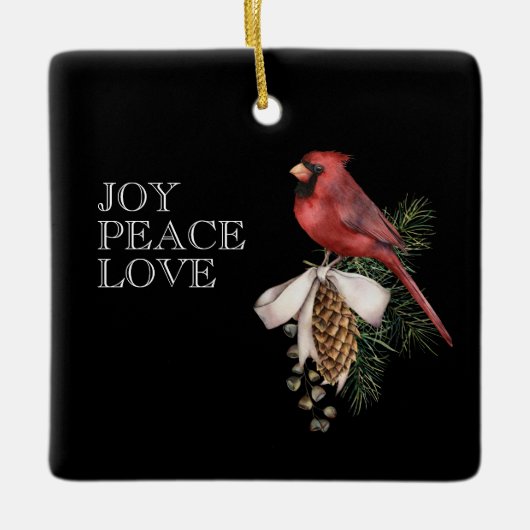 Rode kardinaal, JOY PEACE LOVE Editable Kerstmis Keramisch Ornament (Voorkant)