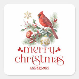 Rode Kardinaal Kerst Holly Boeket Vierkante Sticker