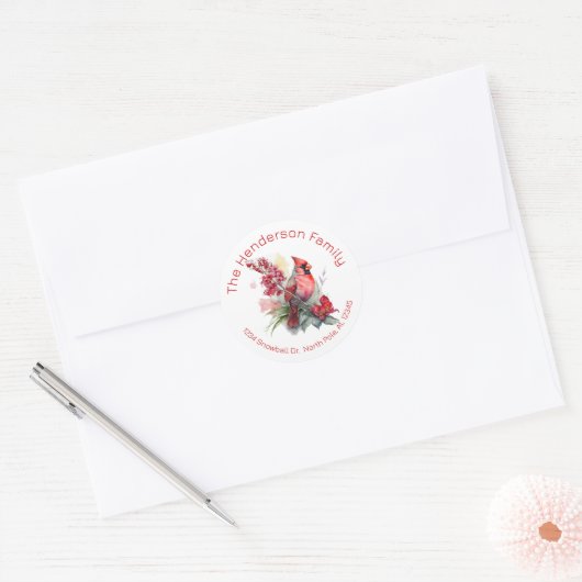 Rode Kardinaal Kerst Retouradres Ronde Sticker (Envelop)