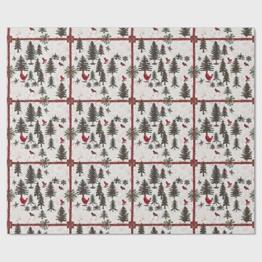 Rode Kardinaal Kerstboom Patroon Cadeaupapier (Vlak)