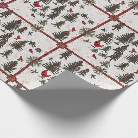 Rode Kardinaal Kerstboom Patroon Cadeaupapier (Hoek)