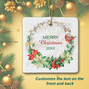 Rode Kardinaal Kerstkrans Keramisch Ornament