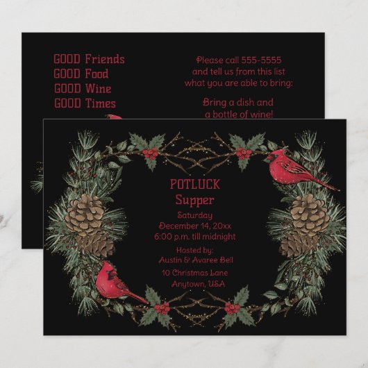 Rode Kardinaal Krans Kerst Pot Luck Diner Kaart (Voorkant / Achterkant)