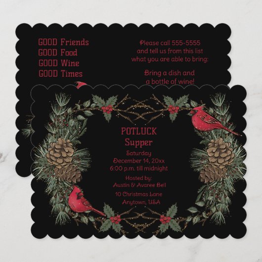 Rode Kardinaal Krans Kerst Pot Luck Diner Kaart (Voorkant / Achterkant)