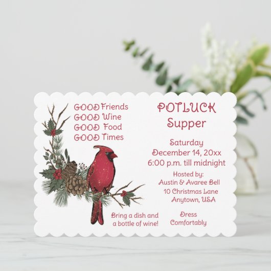 Rode Kardinaal Krans Kerst Potluck Diner Kaart (Staand voorkant)
