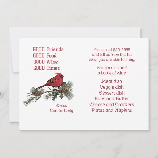 Rode Kardinaal Krans Kerst Potluck Diner   Kaart (Achterkant)