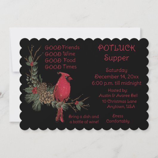 Rode Kardinaal Krans Kerst Potluck Diner Kaart (Voorkant)