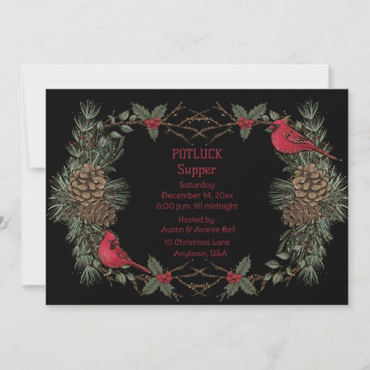 Rode Kardinaal Krans Kerst Potluck Diner Kaart (Voorkant)