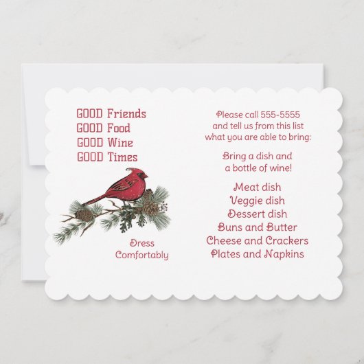 Rode Kardinaal Krans Kerst Potluck Diner Kaart (Achterkant)