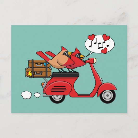 Rode Kardinaal Liefhebbers op Scooter Feestdagenkaart (Voorkant)