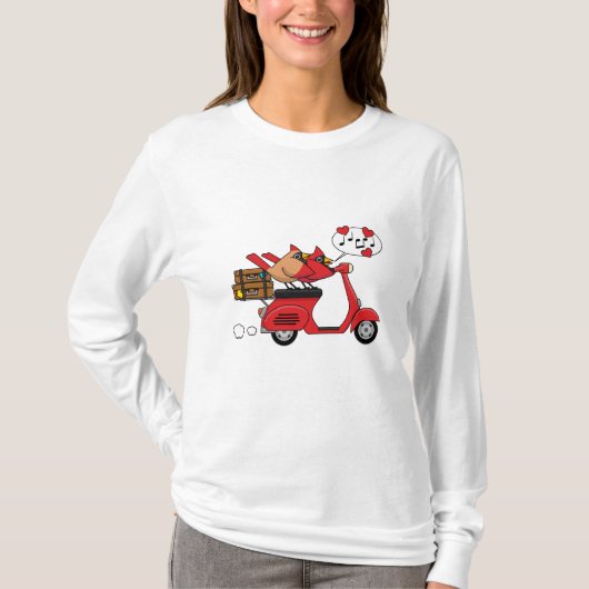 Rode Kardinaal Liefhebbers op Scooter T-shirt (Voorkant)