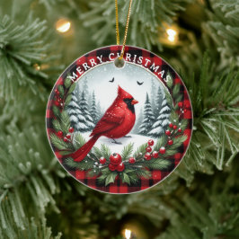 Rode Kardinaal met Hulstbessen Keramisch Ornament