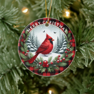 Rode Kardinaal met Hulstbessen Keramisch Ornament