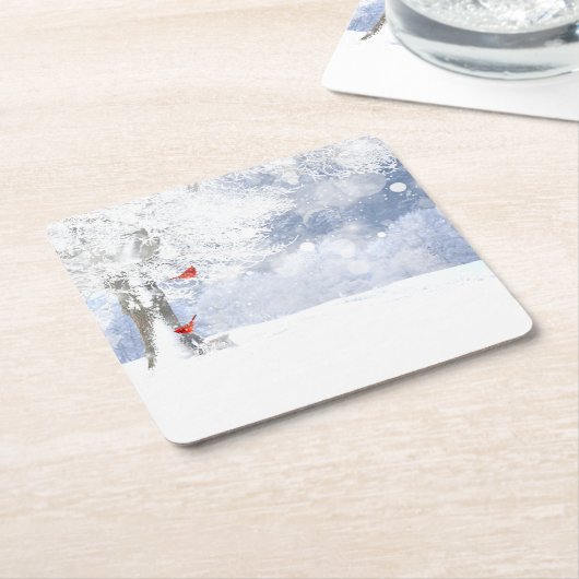 Rode kardinaal met kerstsnowy bomen kartonnen onderzetters (Schuin)